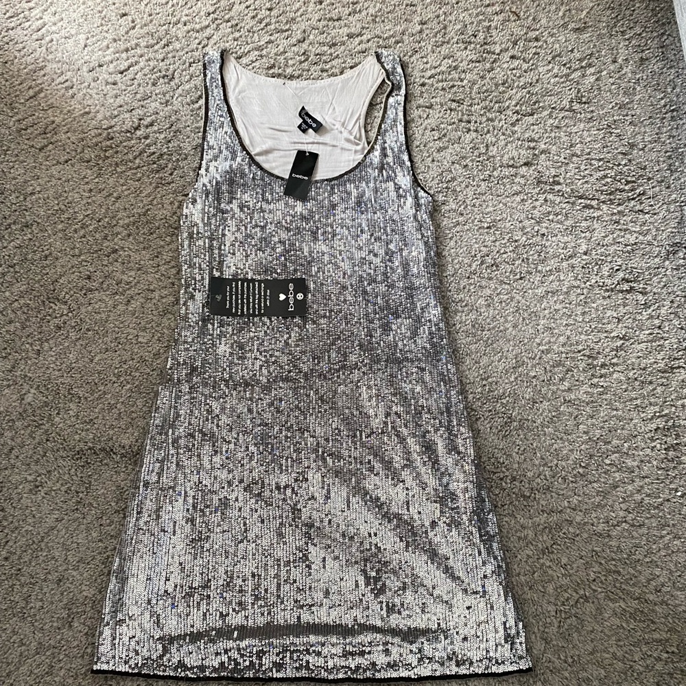 New Bebe silver medium sequin dress